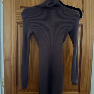 Brown Ribbed Turtleneck Sweater Dress